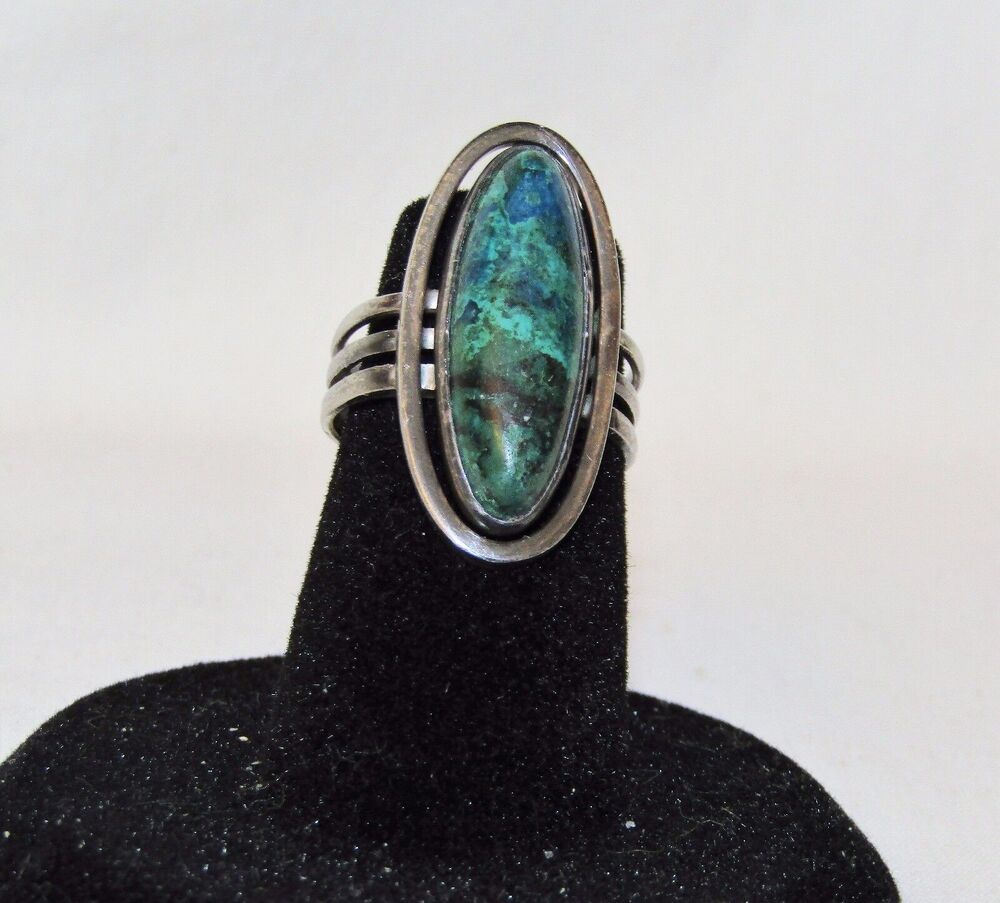 Estate ~4 TCW Cabochon Blue Green Chrysocolla 925 Sterling Silver Ring (5) Adj